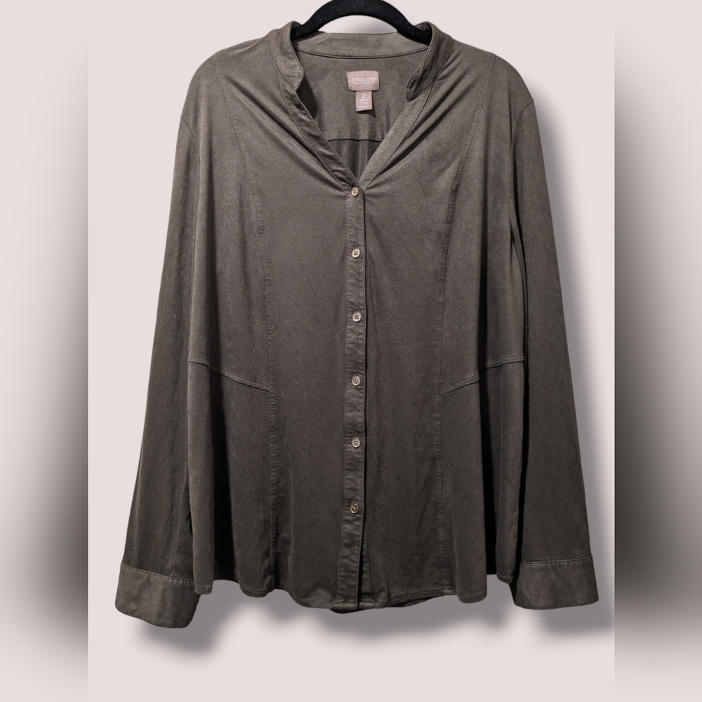 Chico's Olive Green Velvet Velour Long Sleeve Button-Up Shirt Size L
